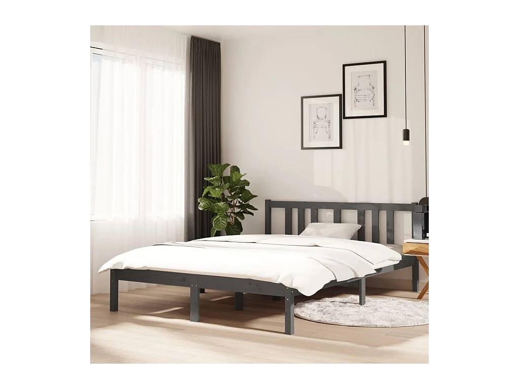 Lit double | Lit adulte | Cadre de lit gris bois massif 135x190 cm
