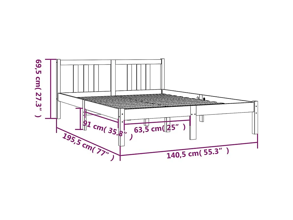 Lit double | Lit adulte | Cadre de lit gris bois massif 135x190 cm
