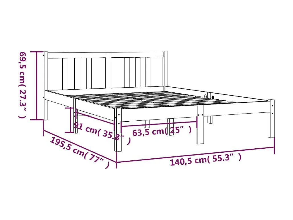 Lit double | Lit adulte | Cadre de lit gris bois massif 135x190 cm