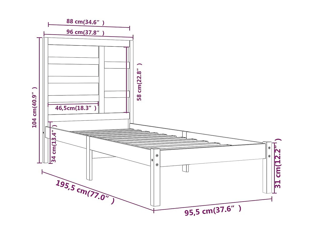 Lit simple | Lit adulte, enfant | Cadre de lit bois massif 90x190 cm