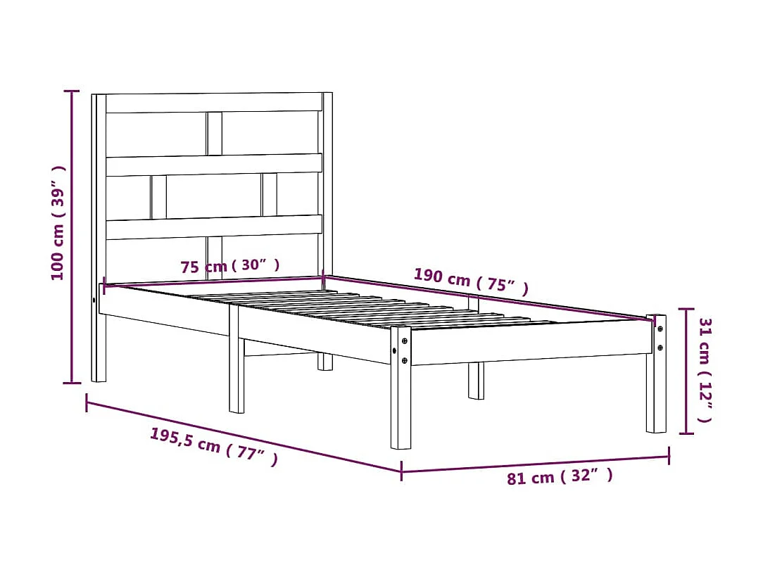Lit simple | Lit adulte, enfant | Cadre de lit noir bois massif 75x190 cm