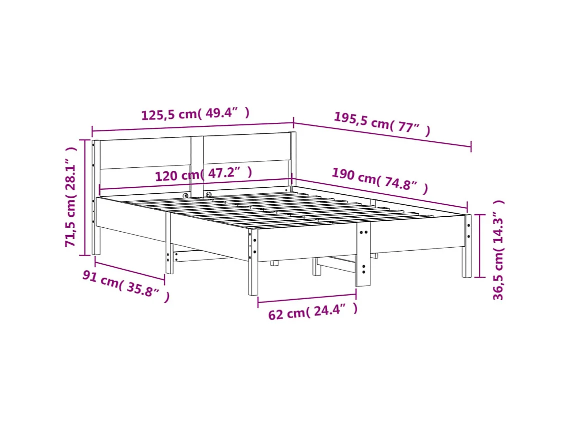 Lit simple | Lit adulte, enfant | Cadre de lit 120x190 cm bois de pin massif