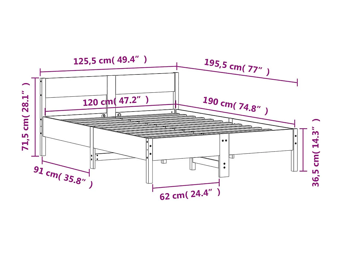 Lit simple | Lit adulte, enfant | Cadre de lit 120x190 cm bois de pin massif