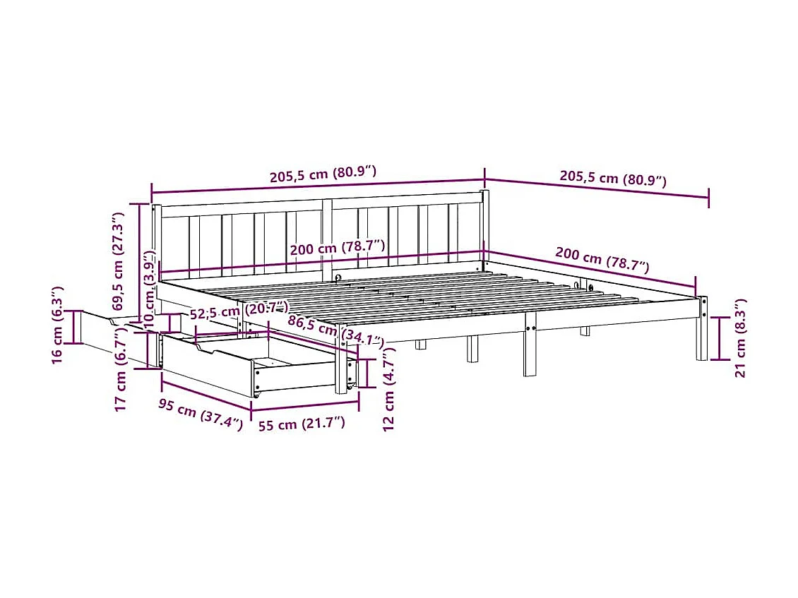 Lit double | Lit adulte | Cadre de lit blanc 200x200 cm bois massif de pin