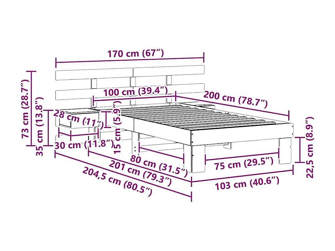 Lit simple | Lit adulte, enfant | Cadre de lit avec tiroir Marron 100x200 cm Bois massif en pin