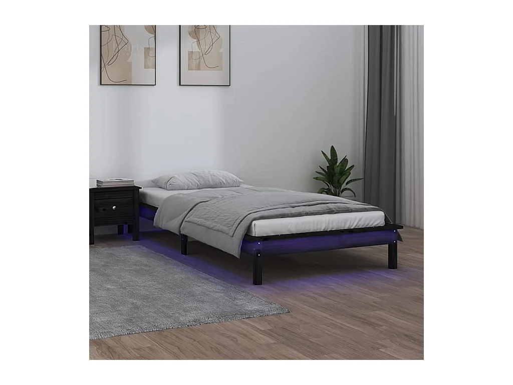 Lit simple | Lit adulte, enfant | Cadre de lit à LED noir 90x200 cm bois massif