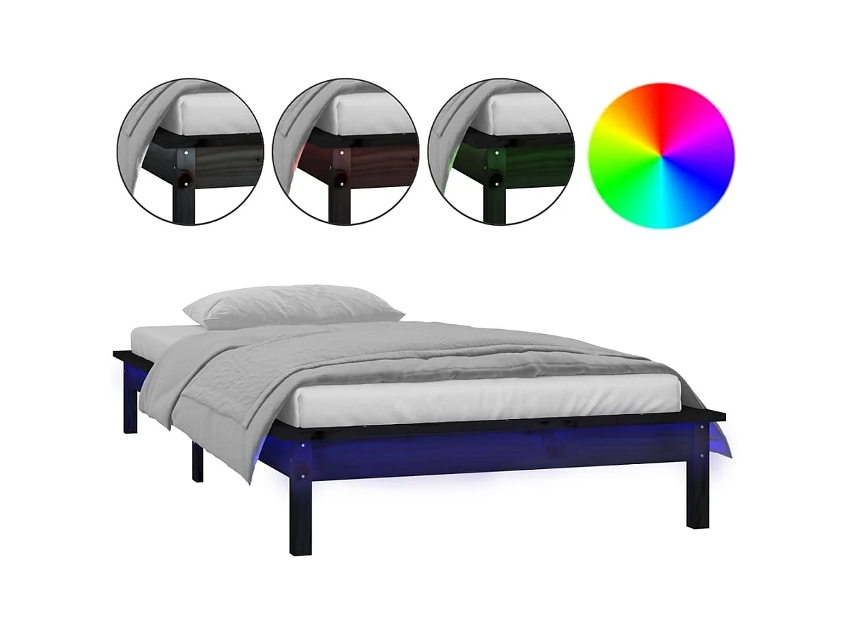 Lit simple | Lit adulte, enfant | Cadre de lit à LED noir 90x200 cm bois massif