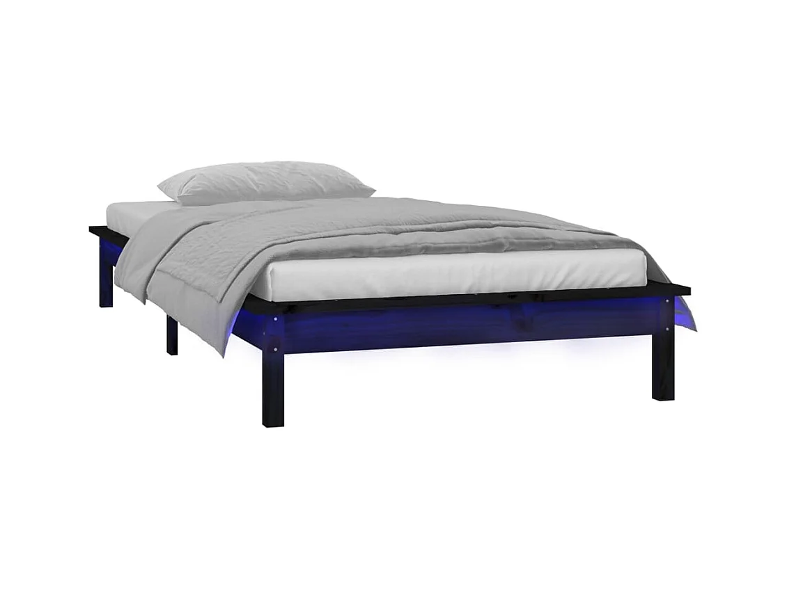 Lit simple | Lit adulte, enfant | Cadre de lit à LED noir 90x200 cm bois massif