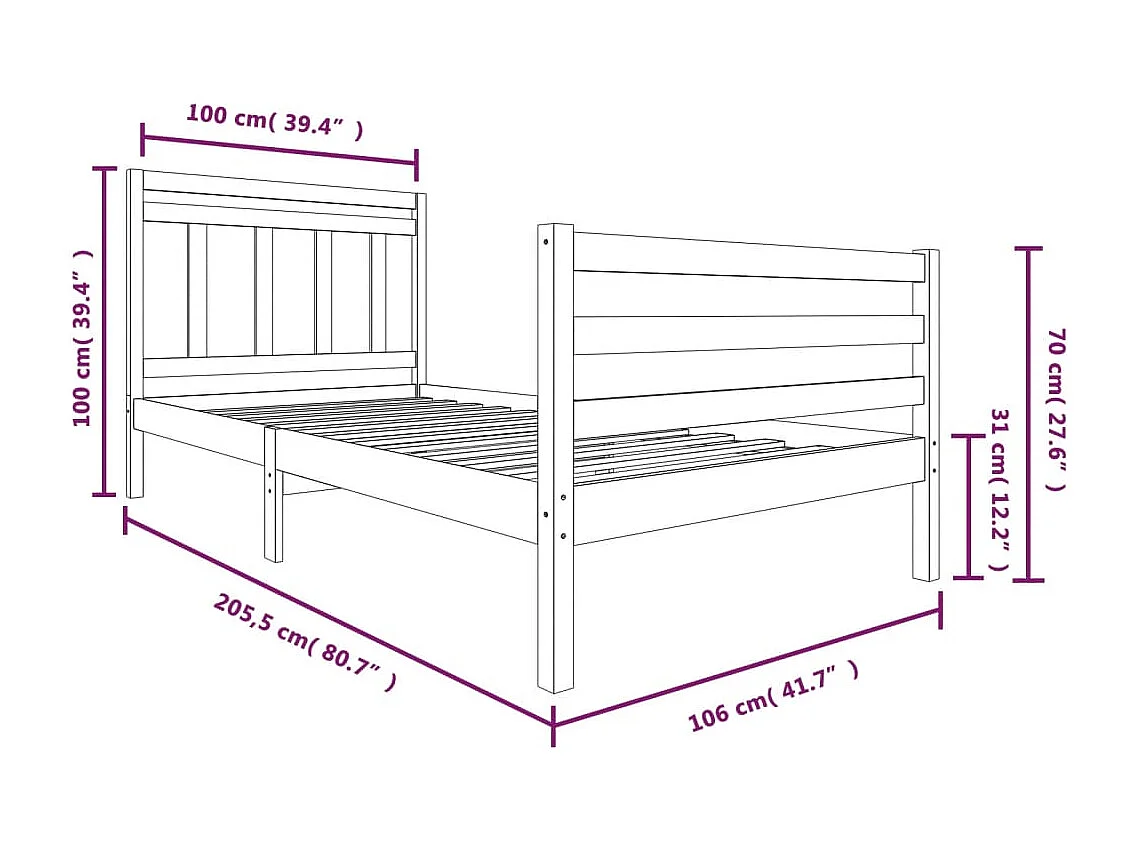 Lit simple | Lit adulte, enfant | Cadre de lit bois massif 100x200 cm