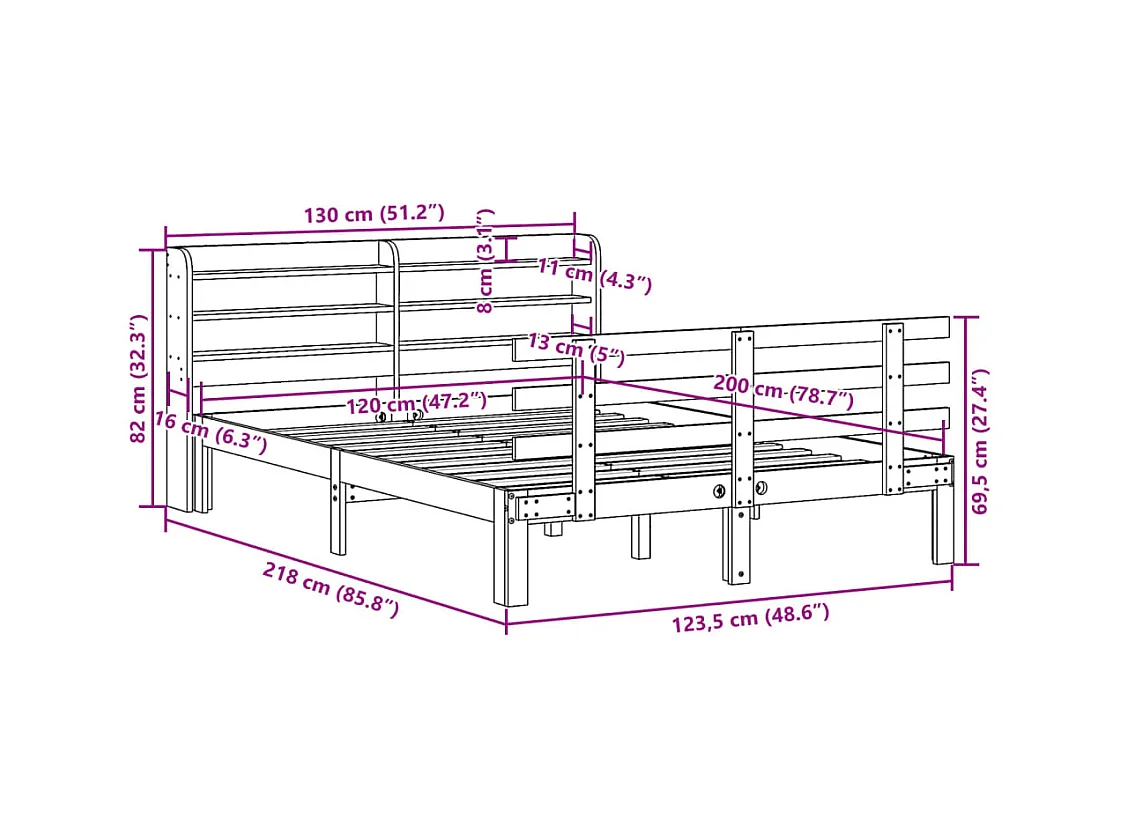 Letto per adulti | Letto singolo | Giroletto con Testiera 120x200 cm in Legno Massello di Pino