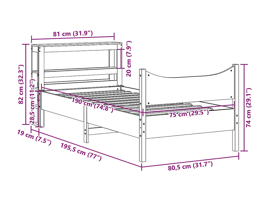 Letto per adulti | Letto singolo | Giroletto con Testiera Bianco 75x190 cm Legno Massello di Pino