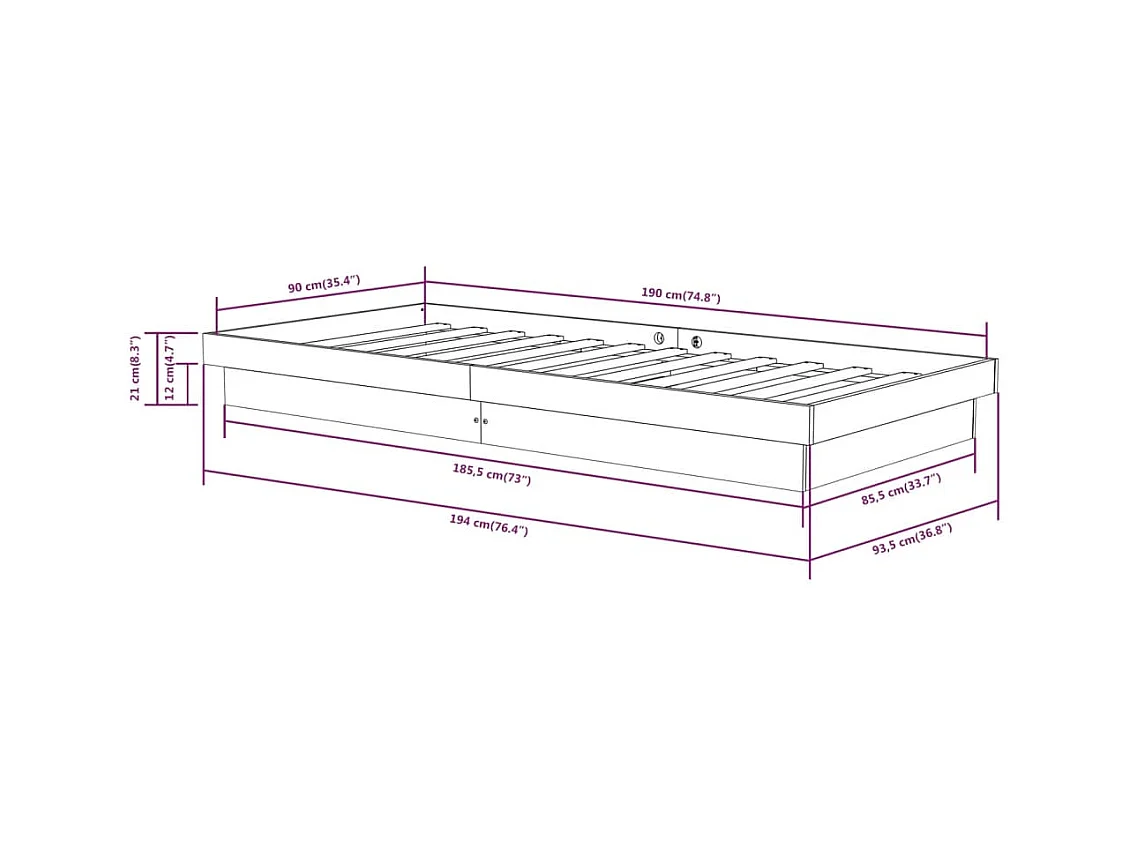 Letto per adulti | Letto singolo | Giroletto Bianco in Legno Massello 90x190 cm Single