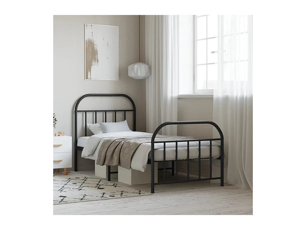 Lit simple | Lit adulte, enfant | Cadre de lit métal avec pied de lit noir 90x190 cm