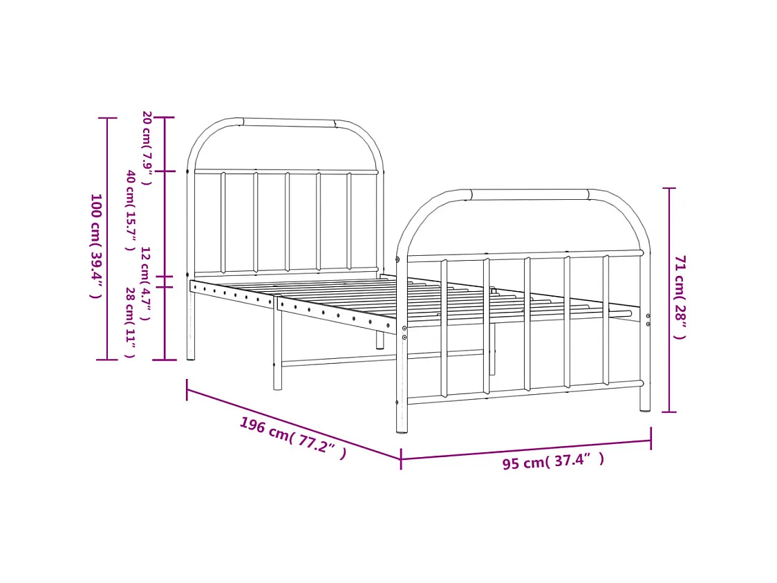 Lit simple | Lit adulte, enfant | Cadre de lit métal avec pied de lit noir 90x190 cm