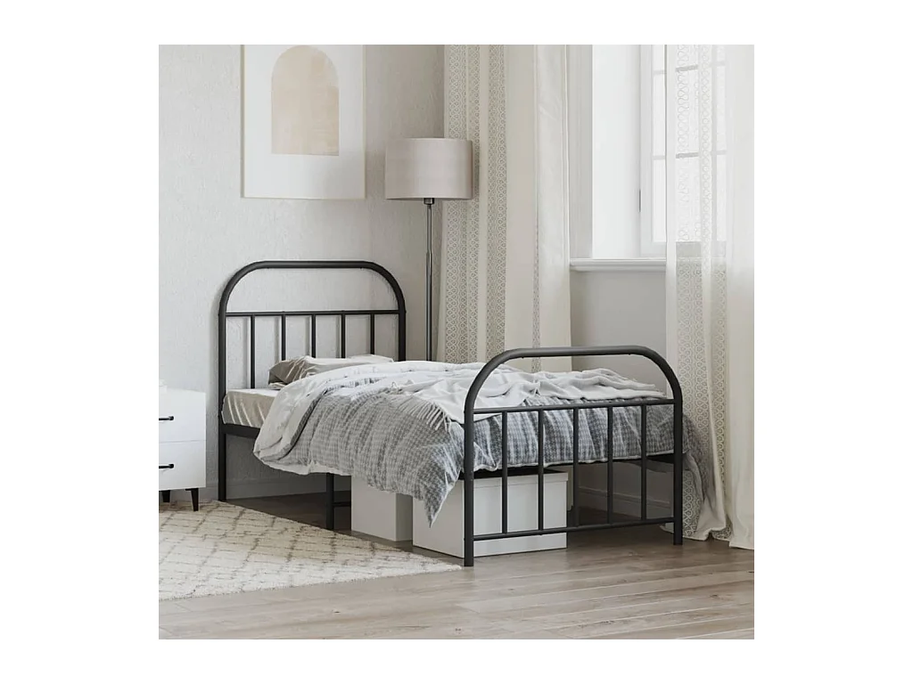 Lit simple | Lit adulte, enfant | Cadre de lit métal avec pied de lit noir 90x190 cm