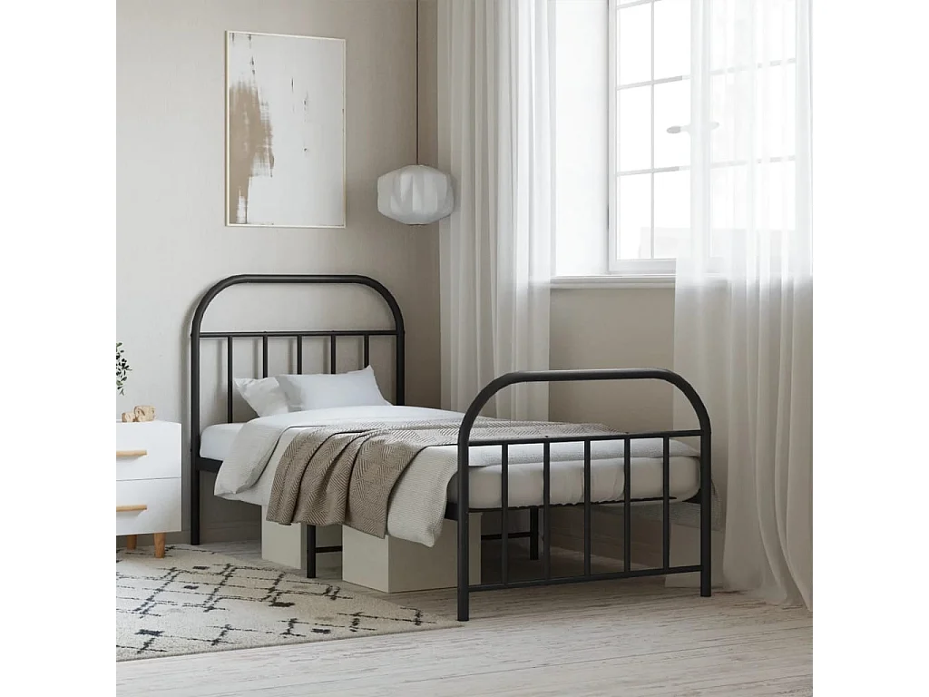 Lit simple | Lit adulte, enfant | Cadre de lit métal avec pied de lit noir 90x190 cm