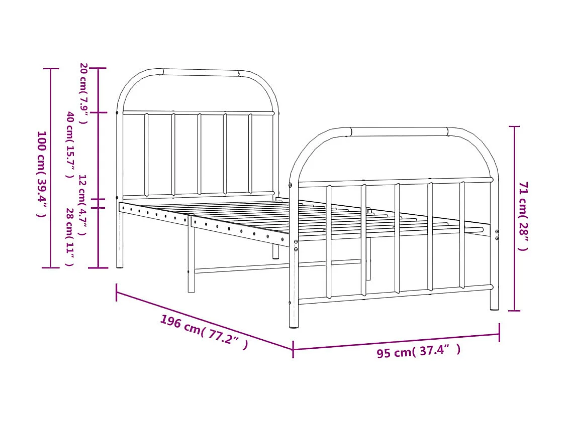 Lit simple | Lit adulte, enfant | Cadre de lit métal avec pied de lit noir 90x190 cm