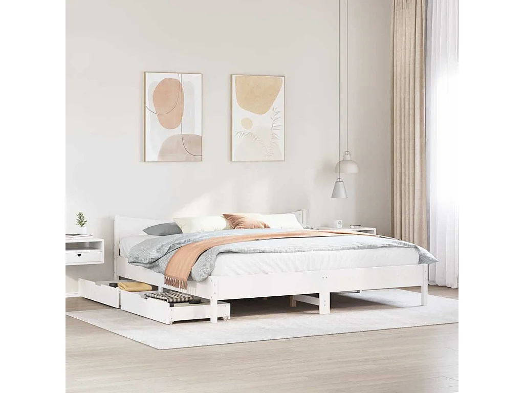 Letto per adulti | Letto matrimoniale | Giroletto con Cassetti Bianco 200x200 cm Legno Massello di Pino