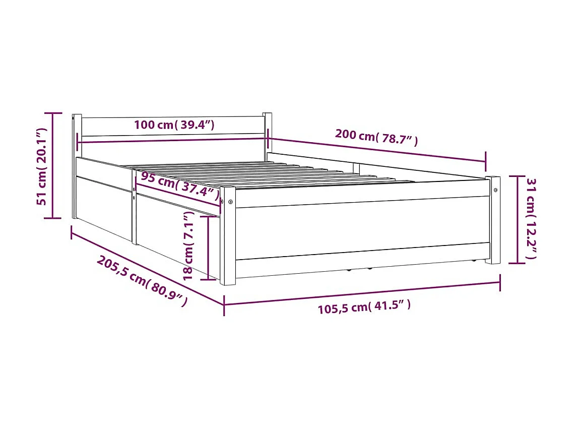Lit simple | Lit adulte, enfant | Cadre de lit avec tiroirs 100x200 cm
