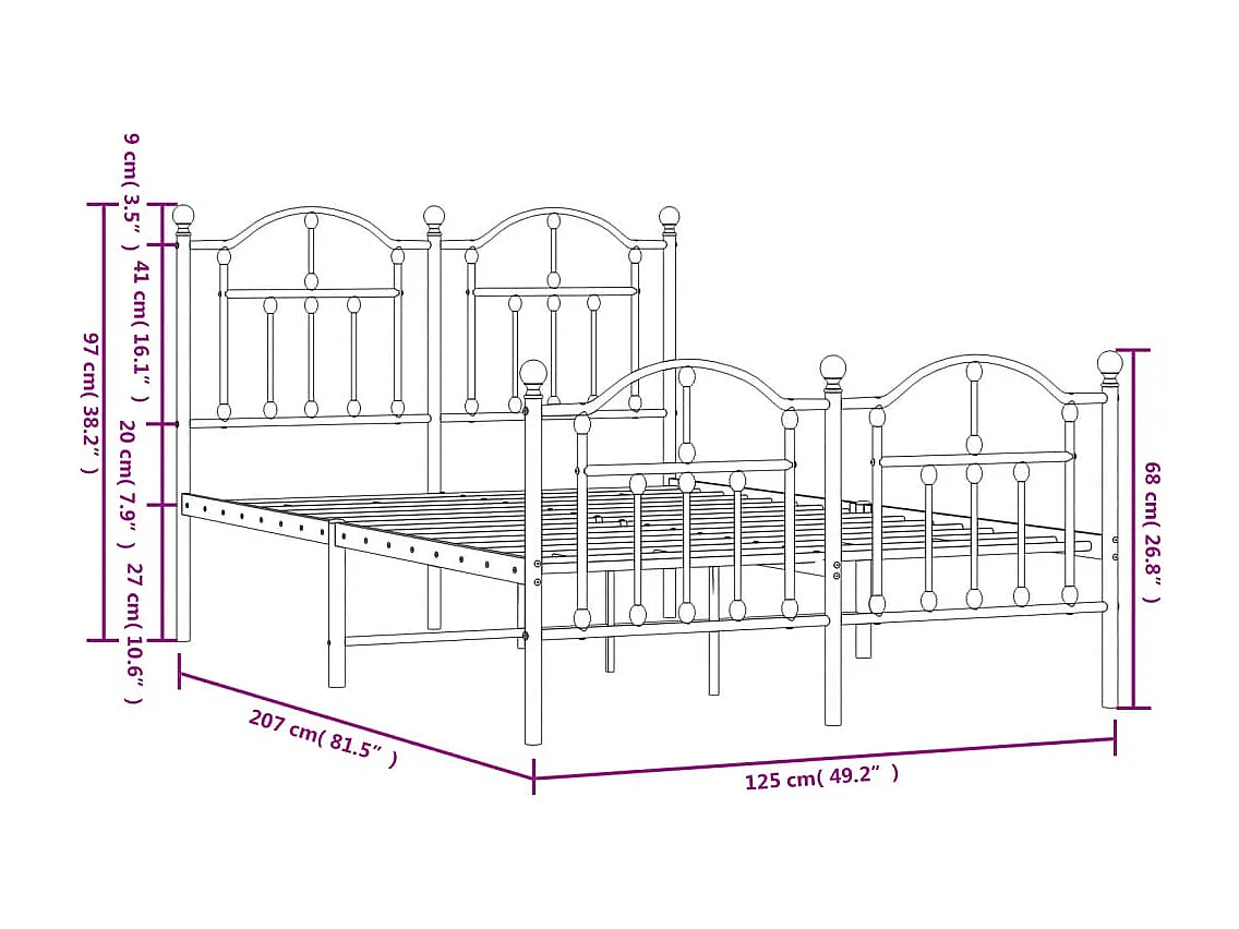 Lit simple | Lit adulte, enfant | Cadre de lit métal et pied de lit blanc 120x200 cm
