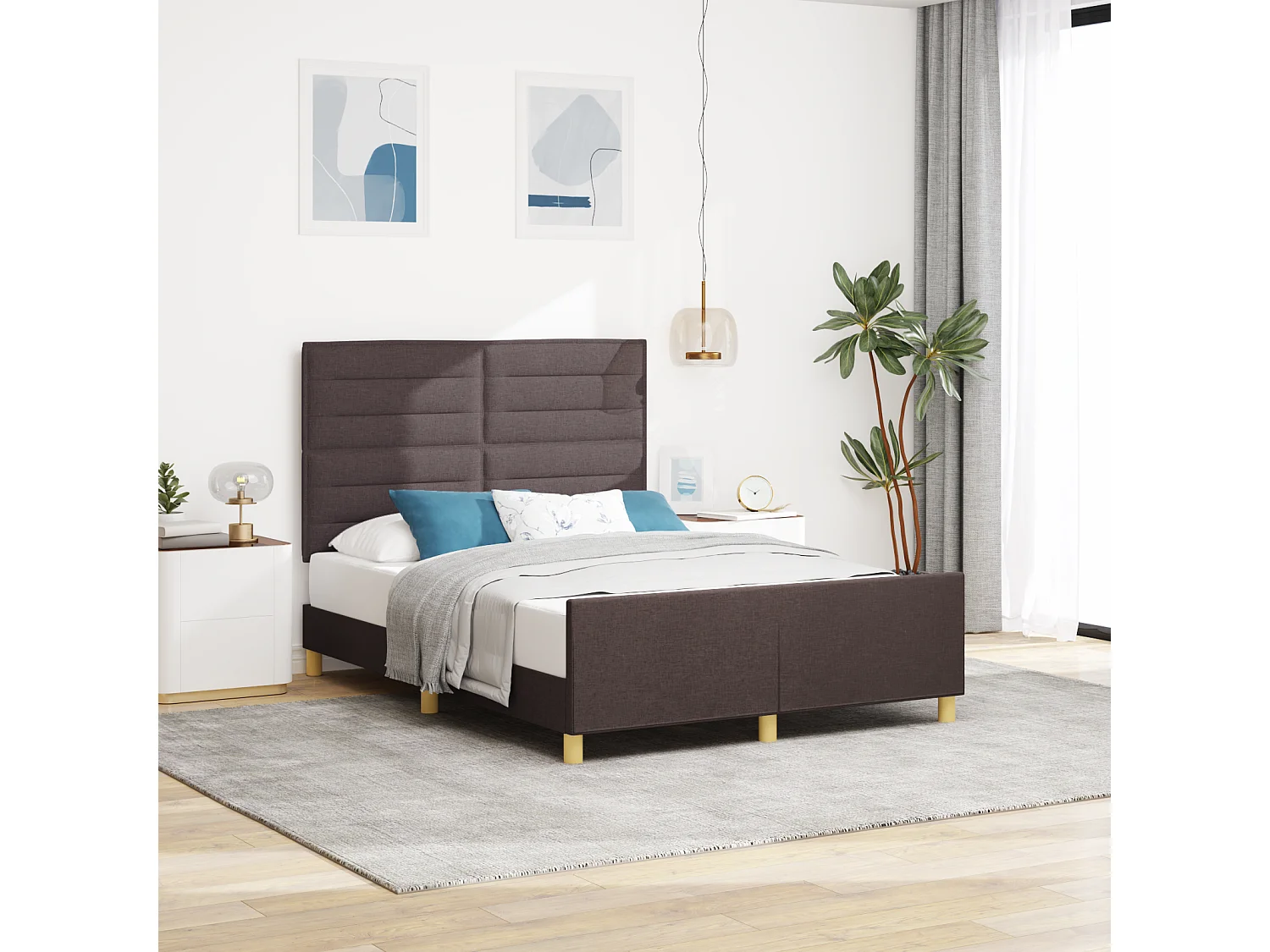 Lit double | Lit adulte | Cadre de lit avec tête de lit Marron foncé 140x190 cm tissu