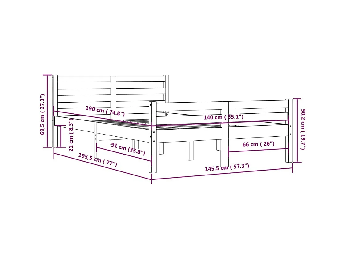Lit double | Lit adulte | Cadre de lit bois massif 140x190 cm