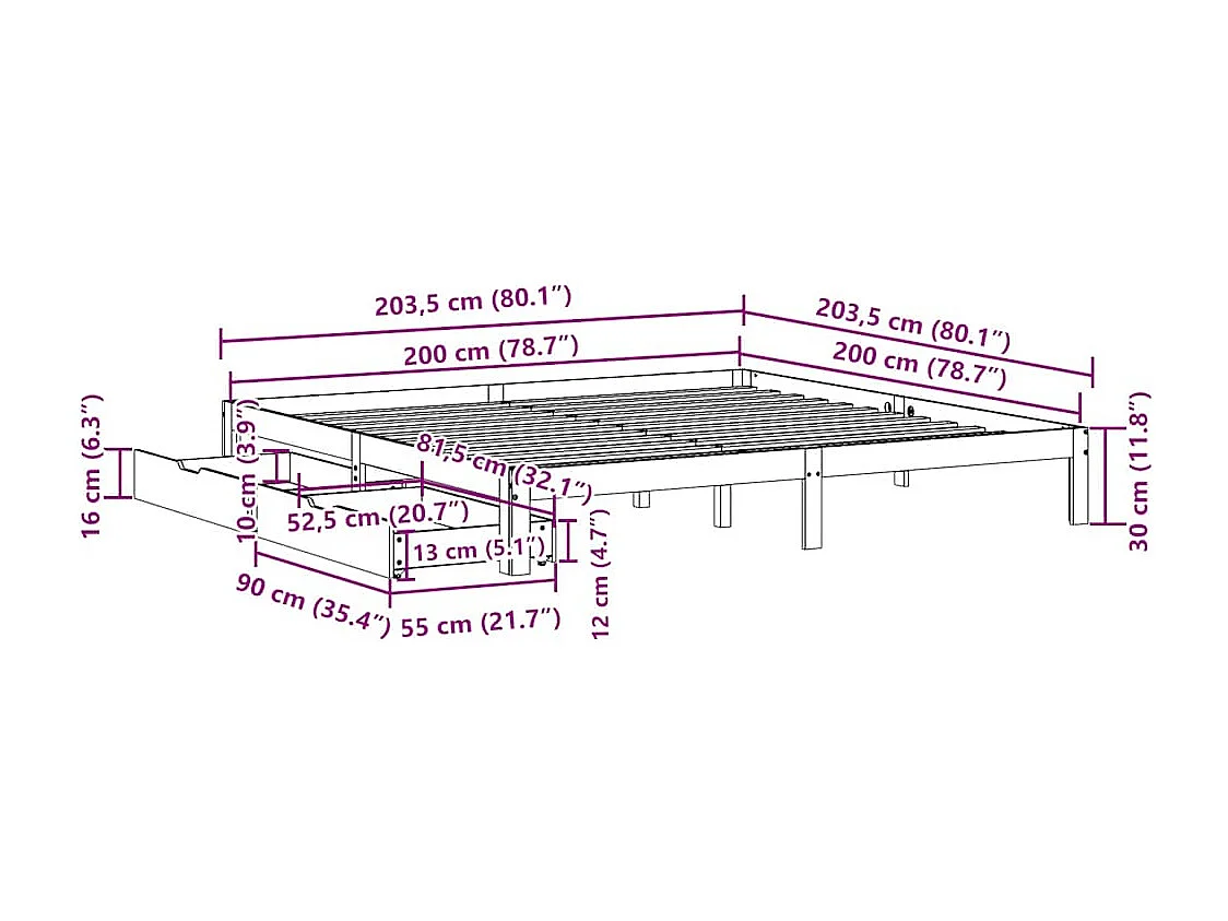 Lit double | Lit adulte | Cadre de lit avec tiroirs 200x200 cm
