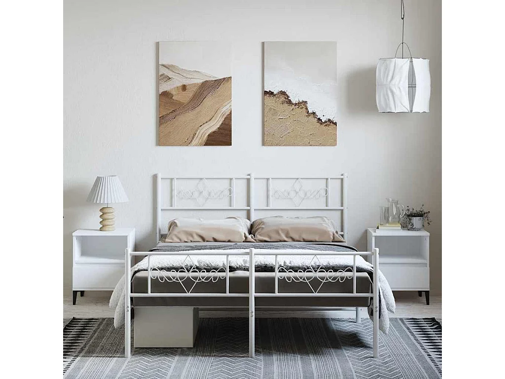 Lit double | Lit adulte | Cadre de lit métal et pied de lit blanc 150x200 cm