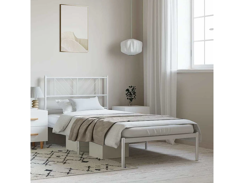 Lit simple | Lit adulte, enfant | Cadre de lit métal et tête de lit blanc 100x190 cm