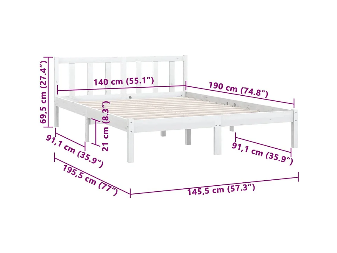 Lit double | Lit adulte | Cadre de lit blanc bois massif 140x190 cm