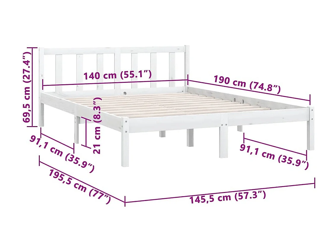 Lit double | Lit adulte | Cadre de lit blanc bois massif 140x190 cm