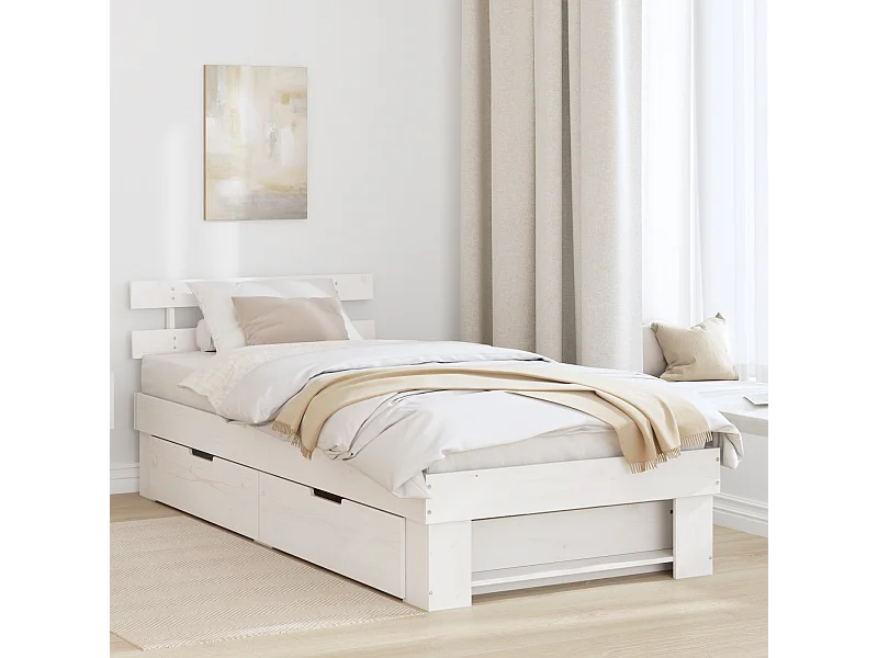 Lit simple | Lit adulte, enfant | Cadre de lit avec tiroir Blanc 80x200 cm Bois massif en pin