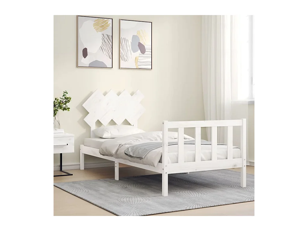 Lit simple | Lit adulte, enfant | Cadre de lit blanc bois de pin massif 90x190 cm
