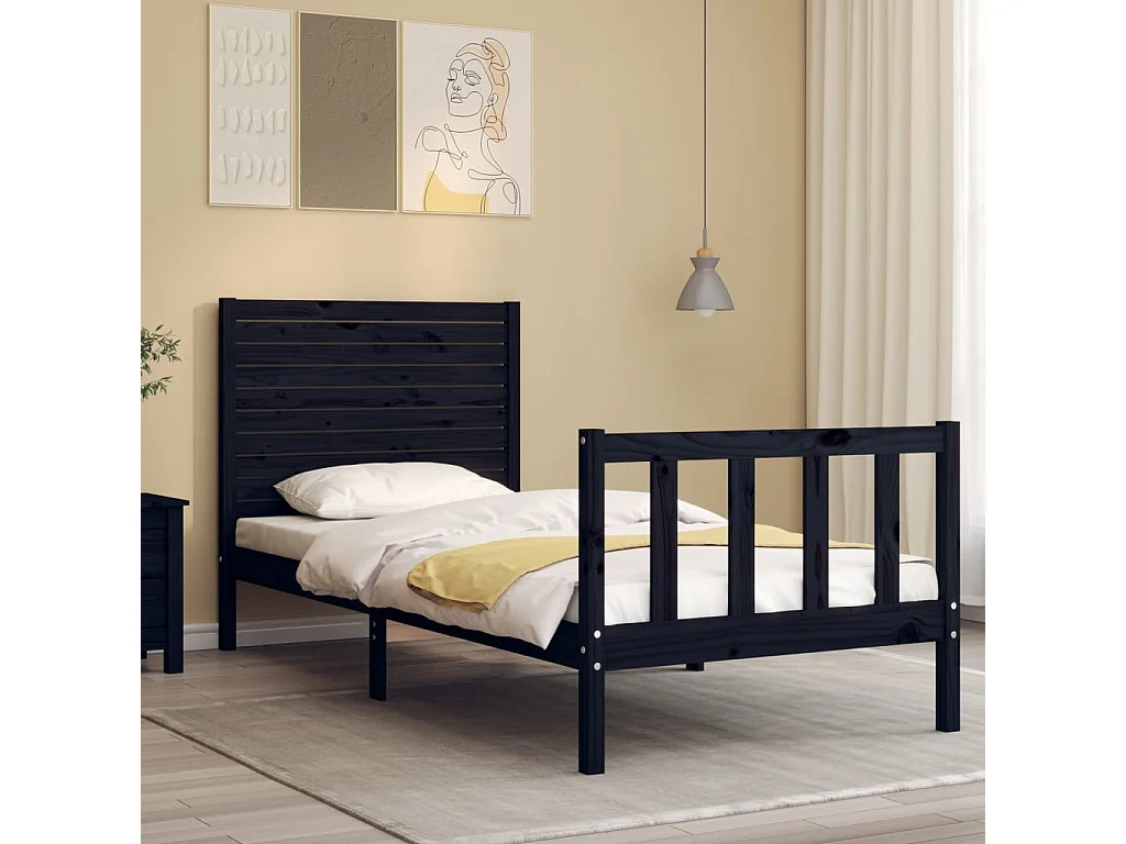 Lit simple | Lit adulte, enfant | Cadre de lit noir bois de pin massif 75x190 cm