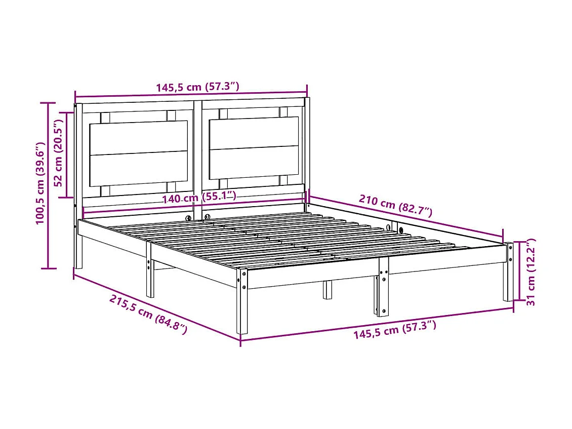 Lit double | Lit adulte | Cadre de lit extra long 140x210 cm bois massif