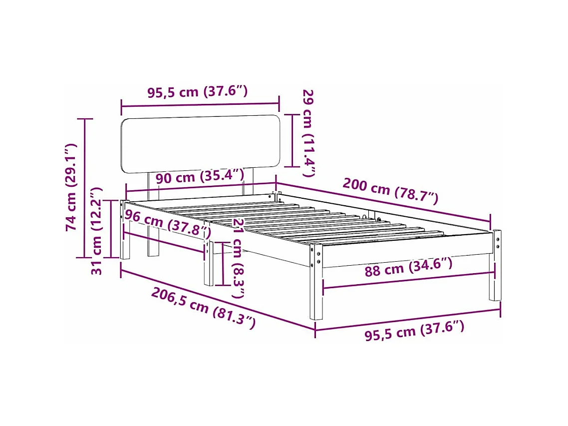 Lit simple | Lit adulte, enfant | Cadre de lit Blanc 90x200 cm Bois massif en pin