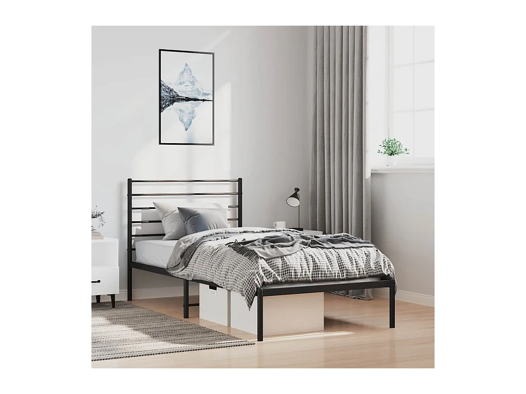 Lit simple | Lit adulte, enfant | Cadre de lit métal avec tête de lit noir 100x190cm
