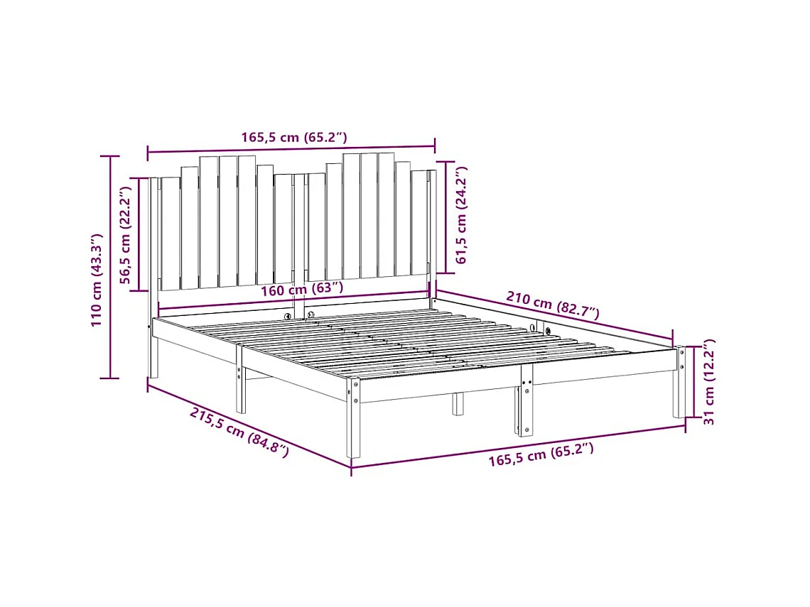 Lit double | Lit adulte | Cadre de lit extra long 160x210 cm bois massif
