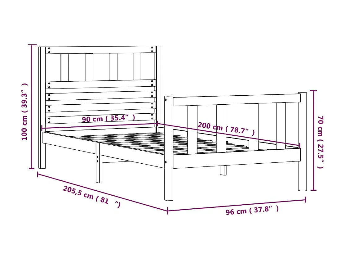 Lit simple | Lit adulte, enfant | Cadre de lit bois massif 90x200 cm