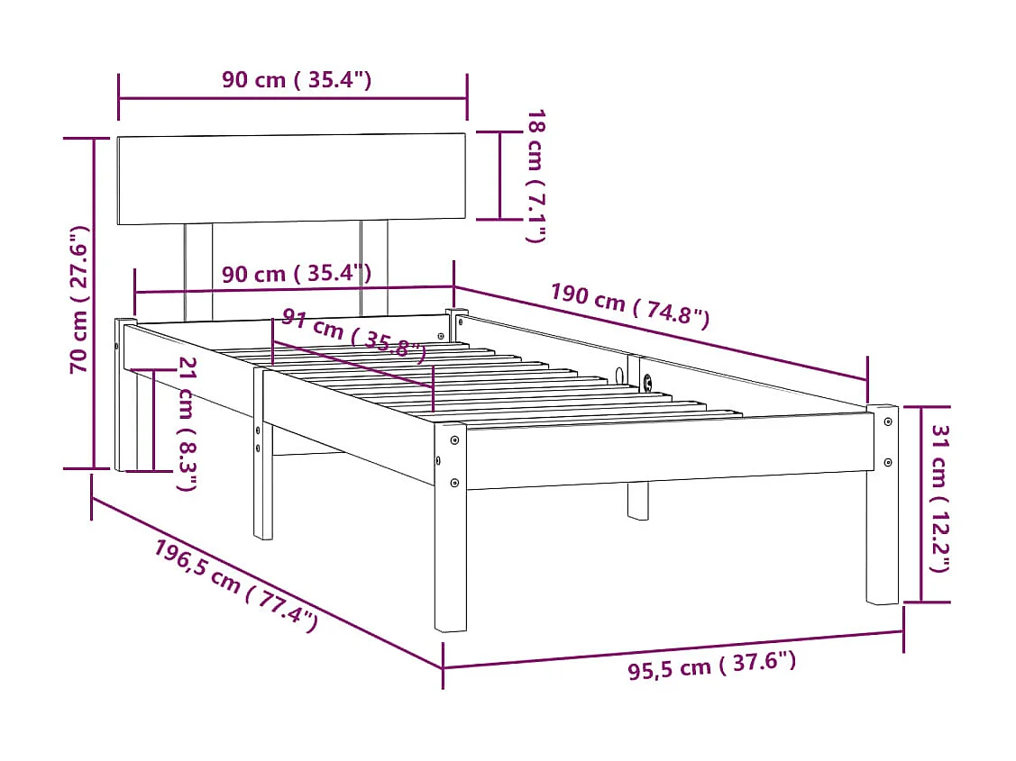 Lit simple | Lit adulte, enfant | Cadre de lit noir bois de pin massif 90x190 cm