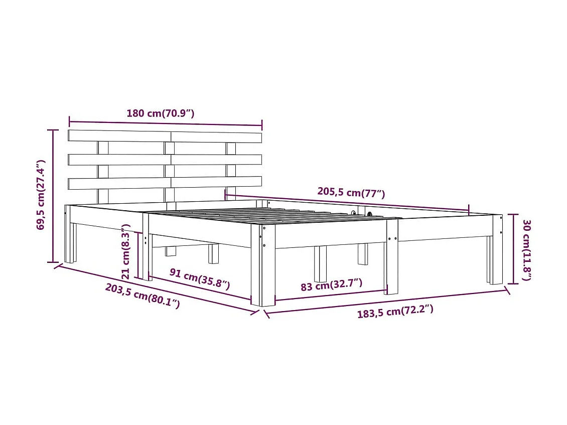 Lit double | Lit adulte | Cadre de lit blanc bois massif 180x200 cm
