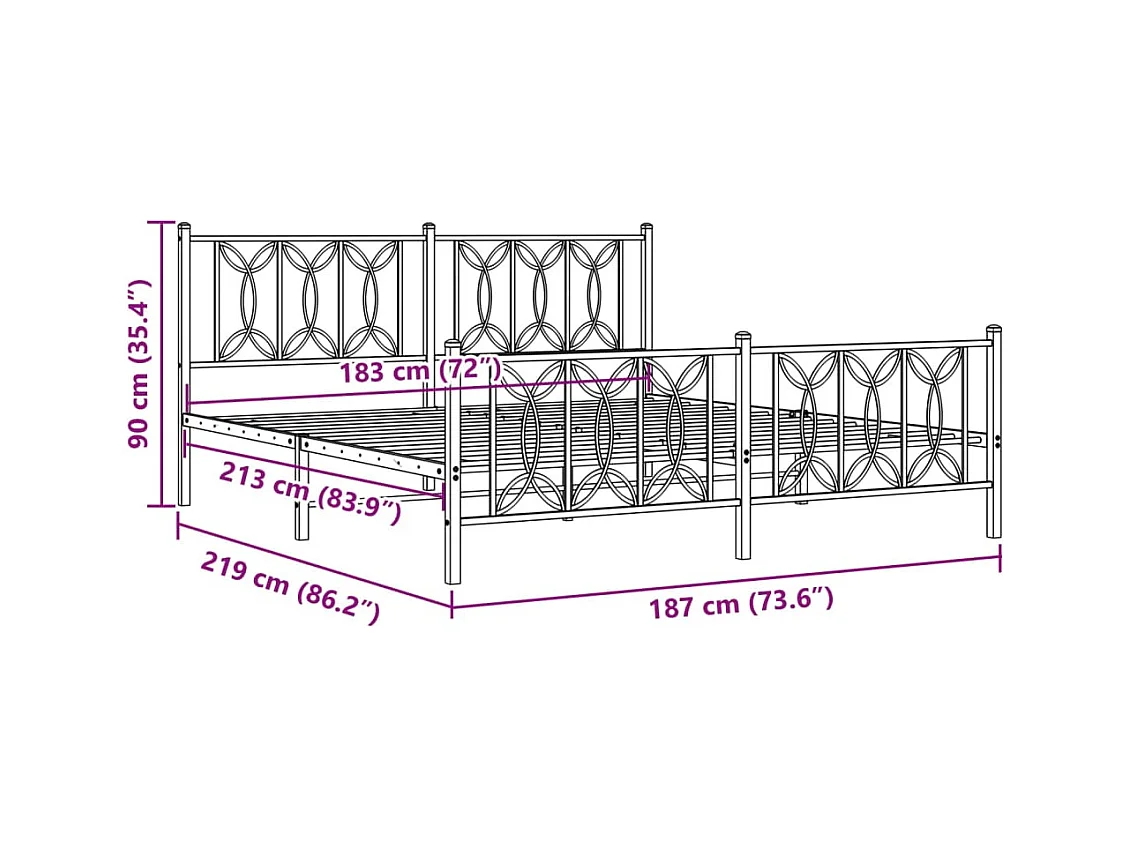 Lit double | Lit adulte | Cadre de lit métal et pied de lit blanc 183x213 cm