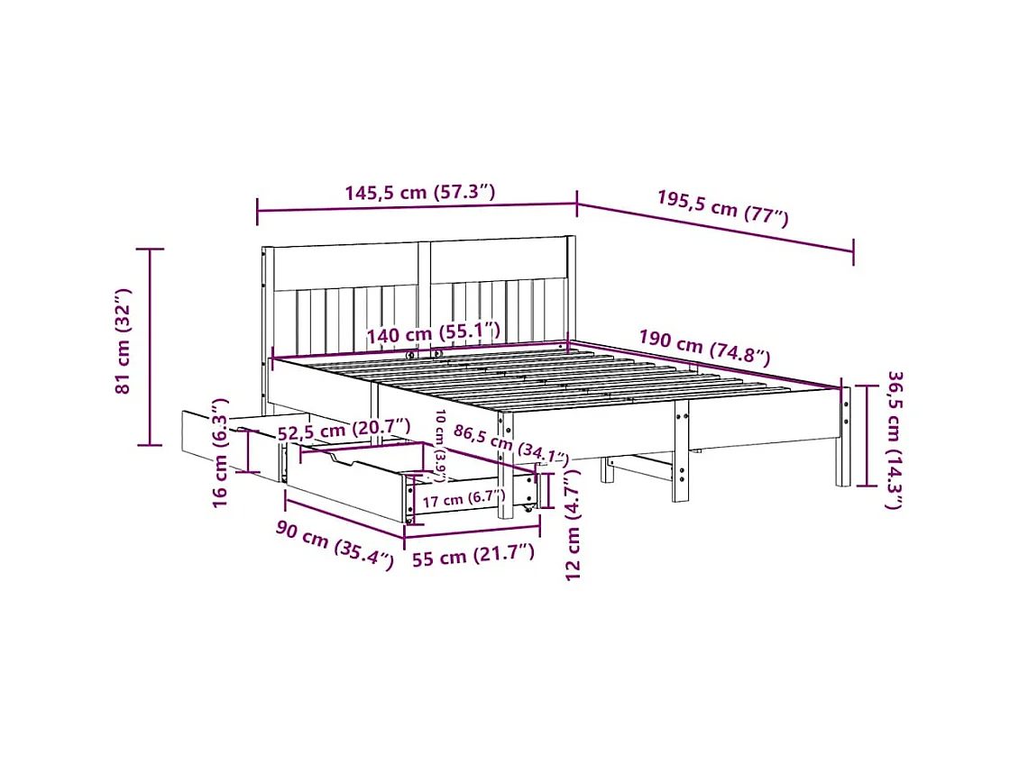 Lit double | Lit adulte | Cadre de lit blanc 140x190 cm bois de pin massif