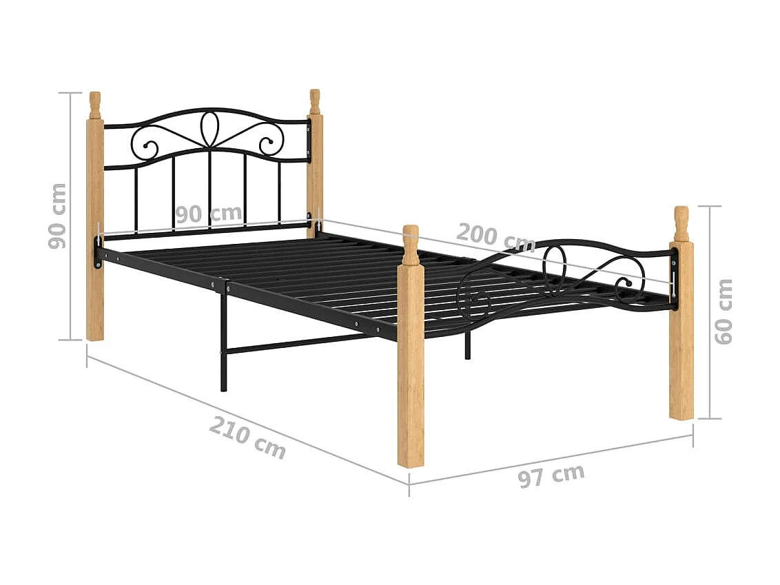 Lit simple | Lit adulte, enfant | Cadre de lit noir métal bois chêne massif 90x200cm