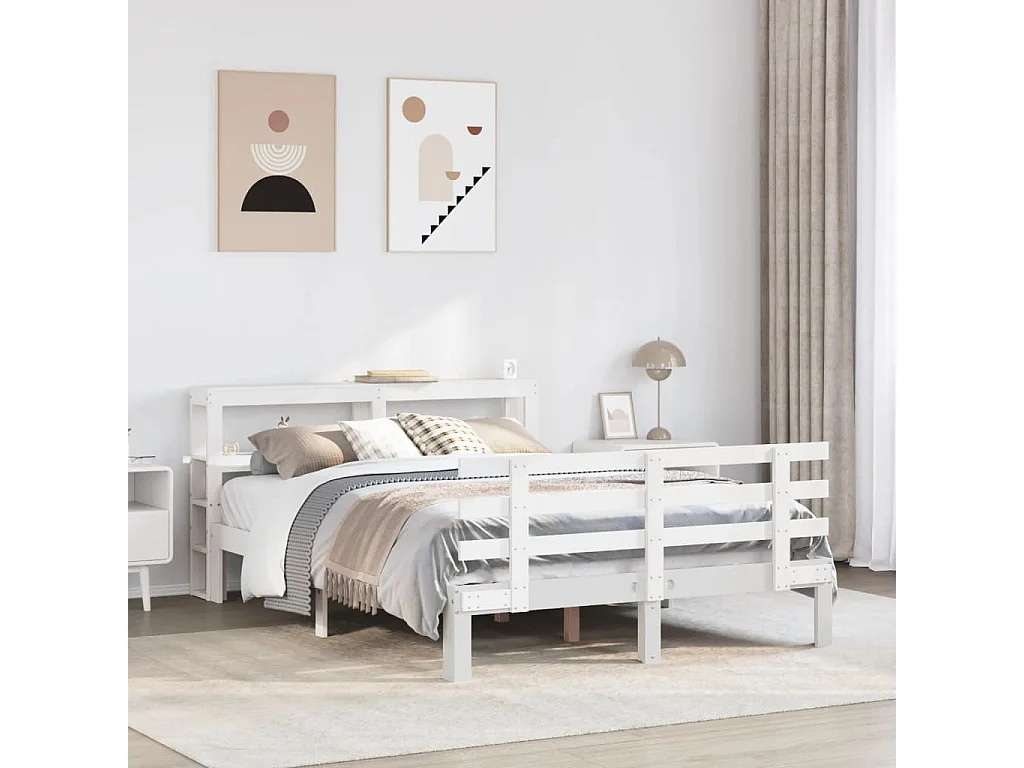 Letto per adulti | Letto matrimoniale | Giroletto con Testiera Bianco 150x200 cm Legno Massello di Pino