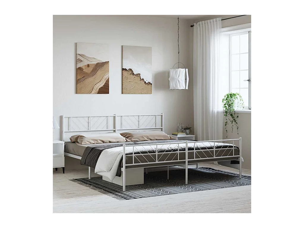 Lit double | Lit adulte | Cadre de lit métal et pied de lit blanc 193x203 cm