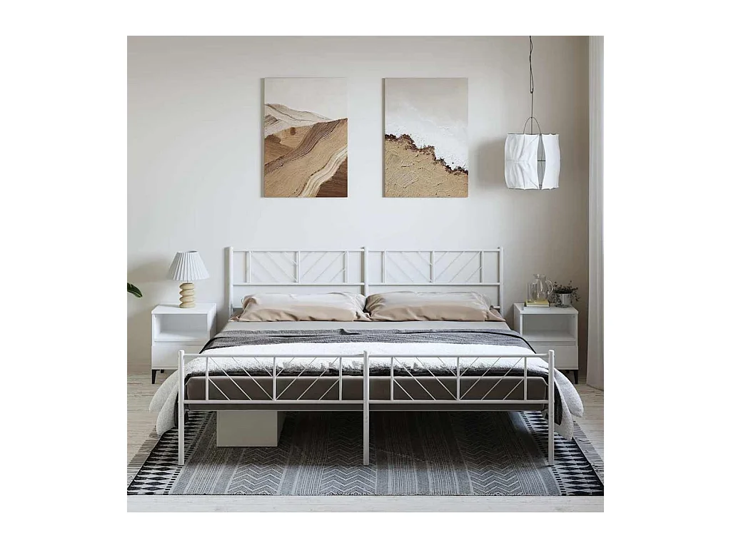 Lit double | Lit adulte | Cadre de lit métal et pied de lit blanc 193x203 cm