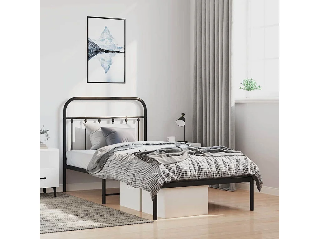 Lit simple | Lit adulte, enfant | Cadre de lit métal avec tête de lit noir 100x190cm