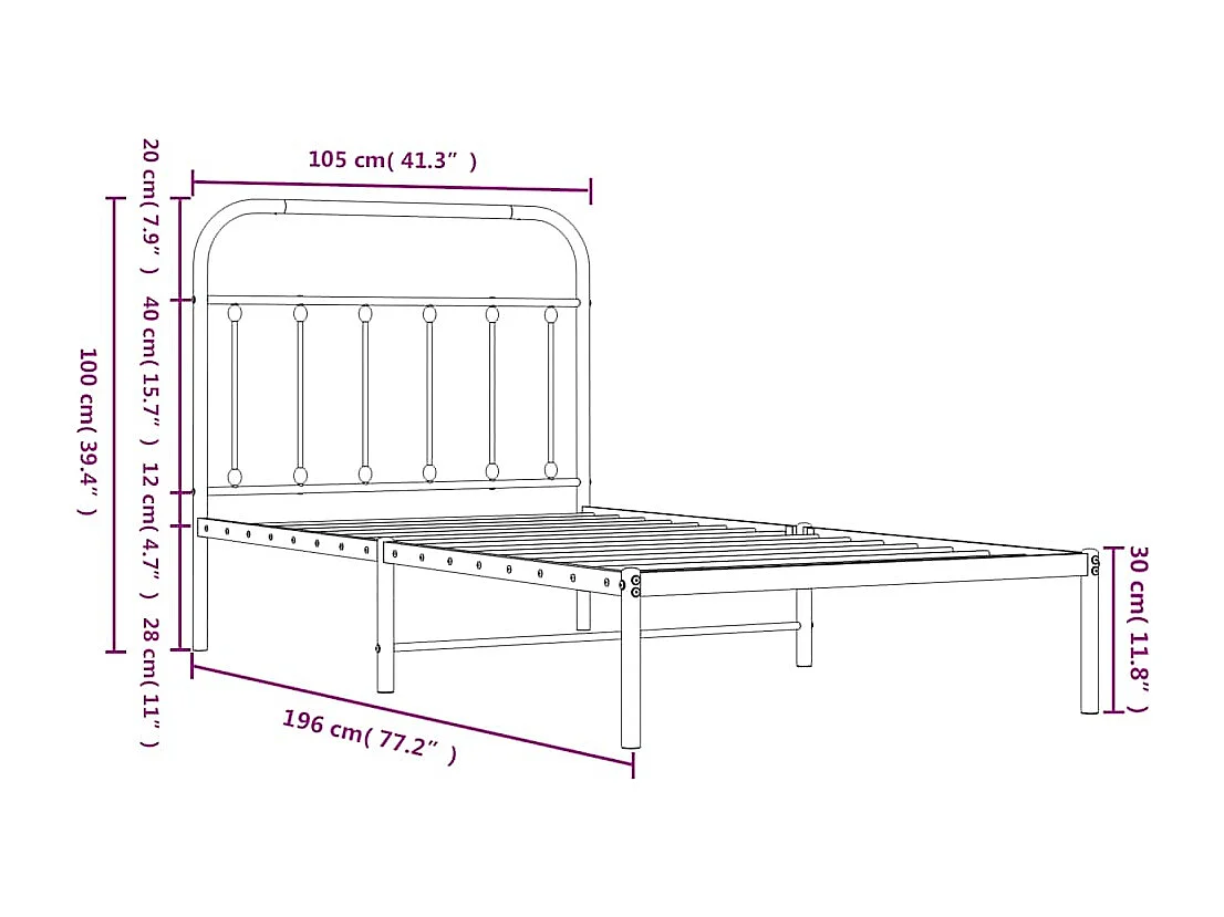 Lit simple | Lit adulte, enfant | Cadre de lit métal avec tête de lit noir 100x190cm