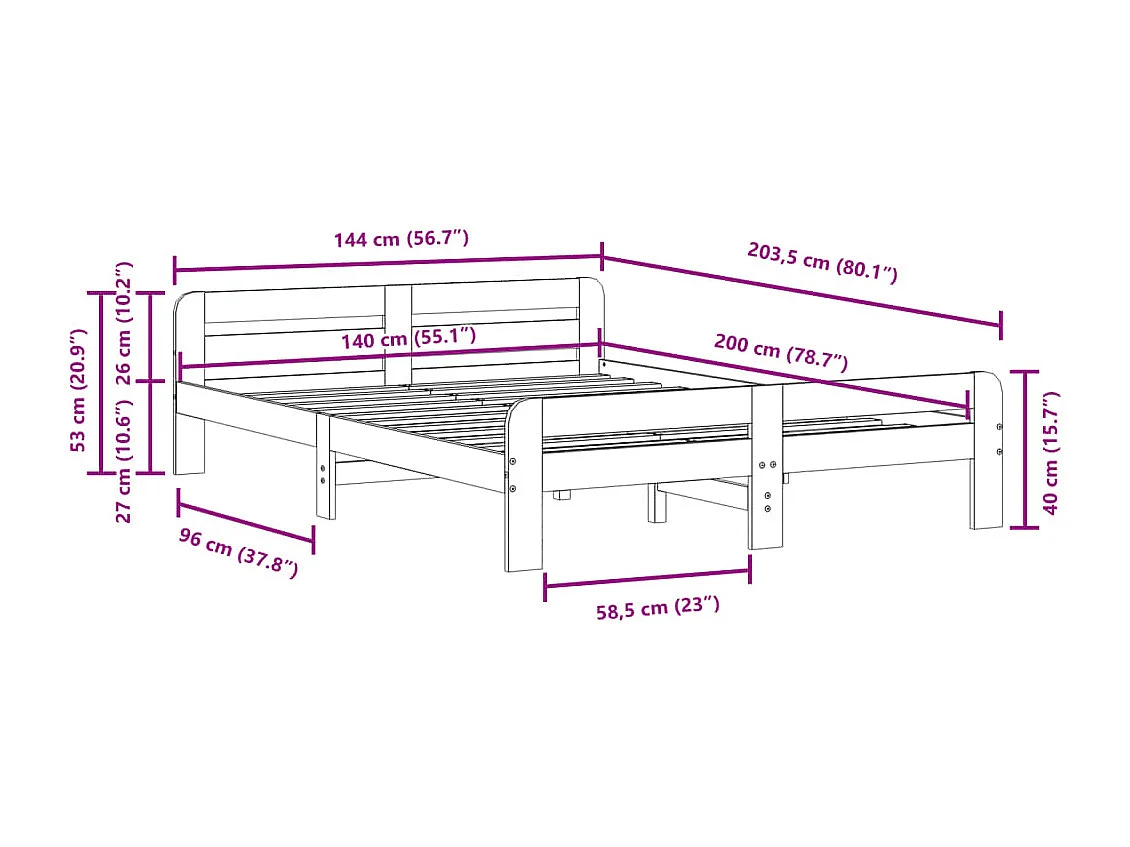 Lit double | Lit adulte | Cadre de lit blanc 140x200 cm bois de pin massif